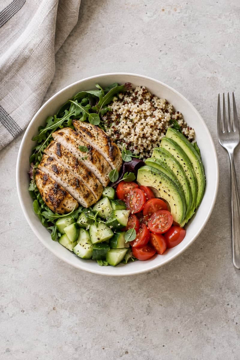 A bowl of chicken, grains, and vegetables